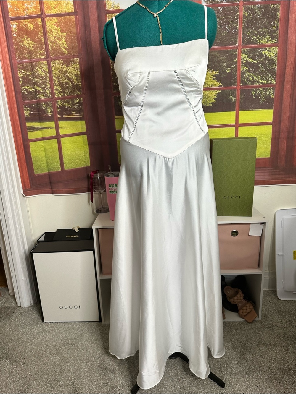 Elegant White Satin Maxi Dress with Spaghetti Straps